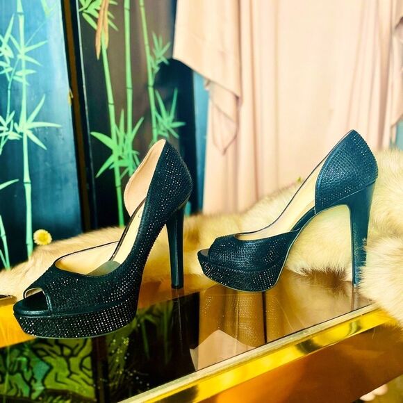 ♥️ Jessica Simpson Black Rhinestone Peep-Toe d’Orsay Pumps - Picture 4 of 13